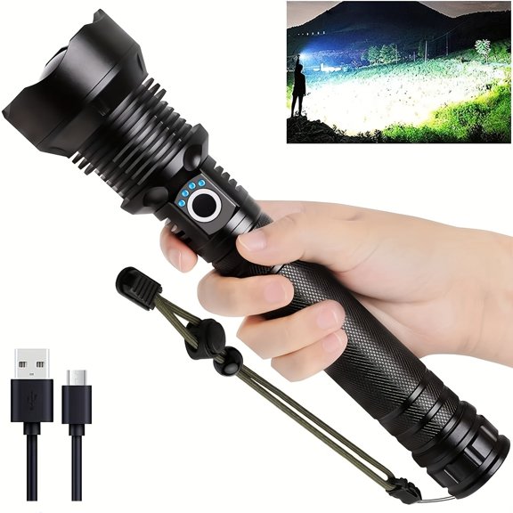 LED Retractable P70 Flashlight, Ultra-Bright Zoomable Spotlight, Long Range, Rechargeable Handheld Torch for Camping, Hiking, Emergency  Travel