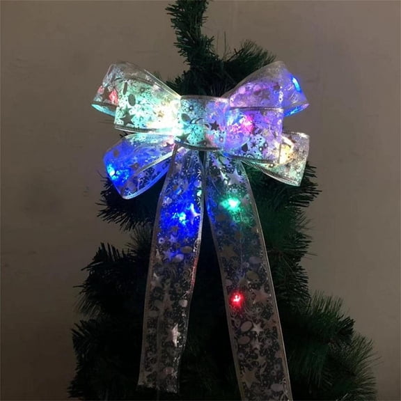 LED Ribbon Bow Fairy Lights- Christmas Tree Topper- Silver Glitter Ribbon Bowknot- Decoration Lights for Christmas Tree Top- Thanksgiving Wedding Birthday Party Christmas Ornament