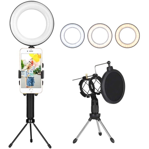 LED Ring Light, 6" Mini LED Camera Light with Cell Phone Holder Desktop, LED Lamp with 3 Light Modes & 10 Brightness Level