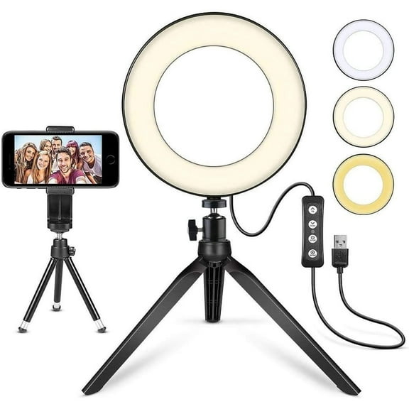LED Ring Light 6" with Tripod Stand for Desk YouTube Video and Makeup, Mini Camera Light with Cell Phone Holder Desktop LED Lamp with 3 Light Modes & 11 Brightness Level (6 inch)