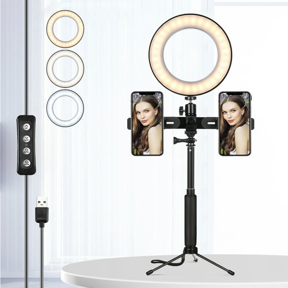 LED Ring Light with Tripod & Phone Mount, Dual Smartphone Holder, 3 Color Modes & 10 Brightness Levels for Streaming, Makeup, Videos
