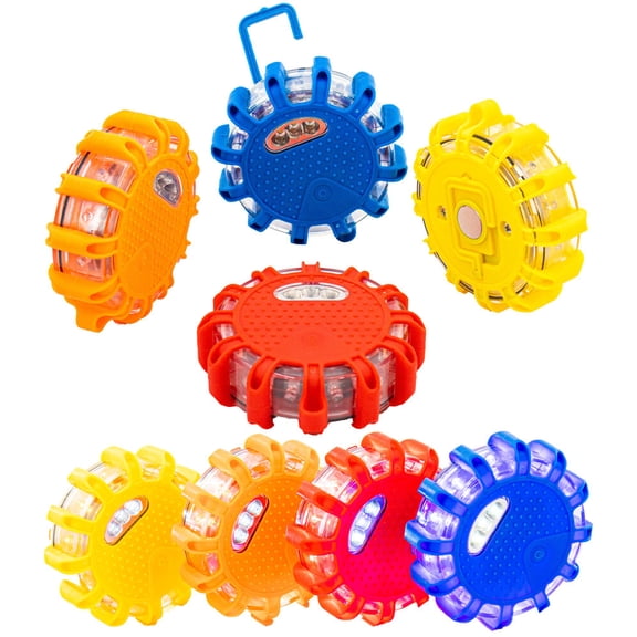 LED Roadside Emergency Flare Lights Yellow - Portable Magnetic Safety Disc Beacon Flashing Kit for Cars Trucks Boats - 9 Flash Modes w/ Hook - Perfect for Roadside Warning