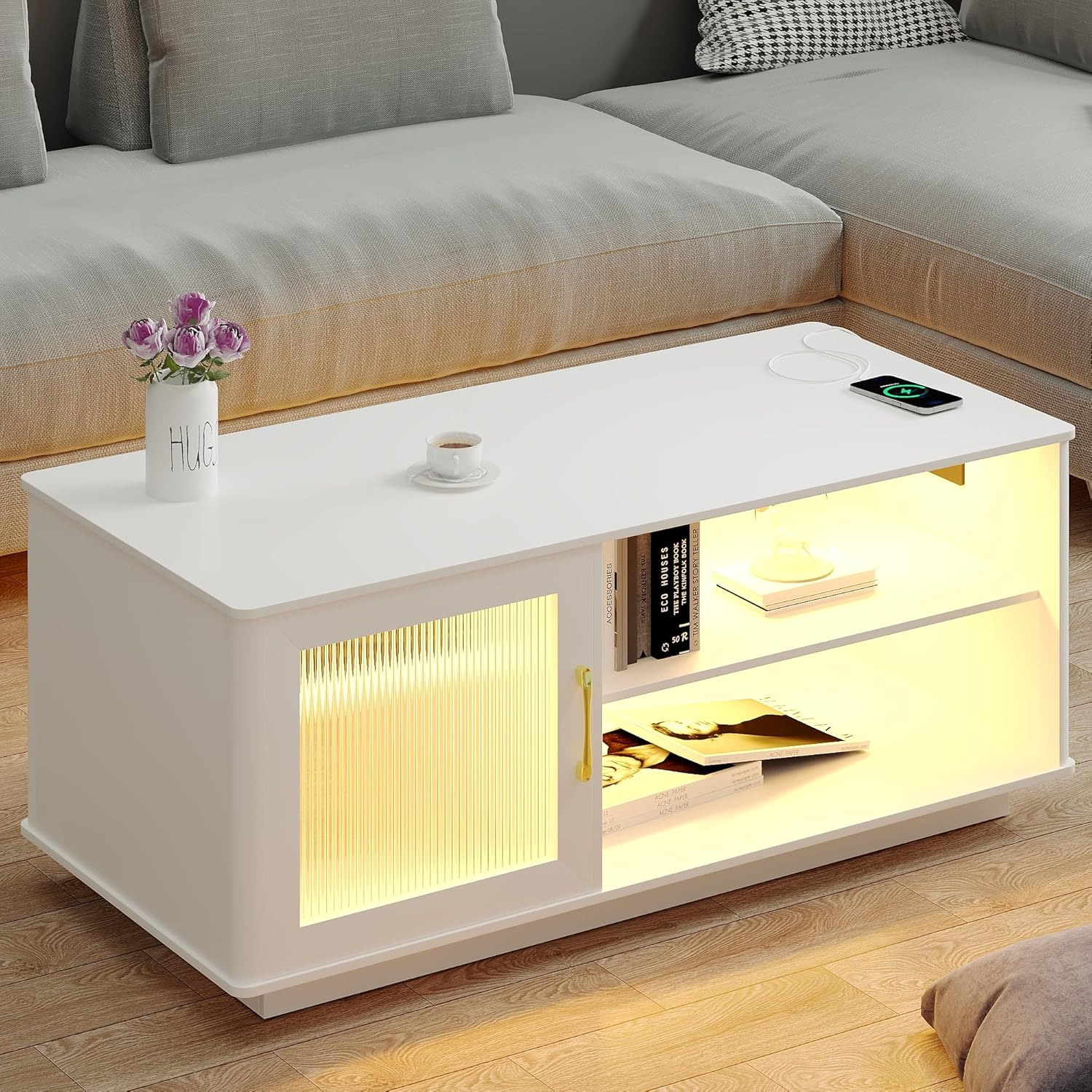 LED Room Center with & Charging Station Living Room Tables with Human Sensitive Touch Control