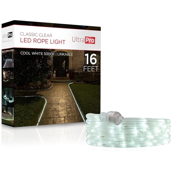 LED Rope Lights, 16ft Classic Clear Rope, Cool White Light 5000K, Indoor/Outdoor, Flexible, Linkable, Durable, Rope Lights Outdoor, 54842