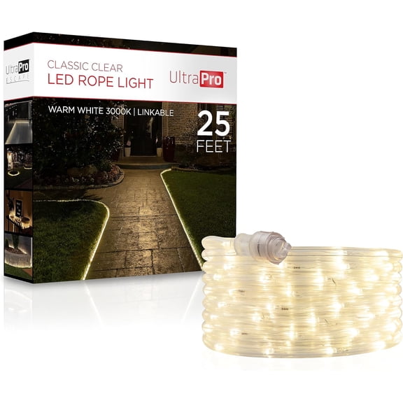 LED Rope Lights, 25ft Classic Clear Rope, Warm White Light 3000K, Indoor/Outdoor, Flexible, Linkable, Durable, Rope Lights Outdoor, 54504