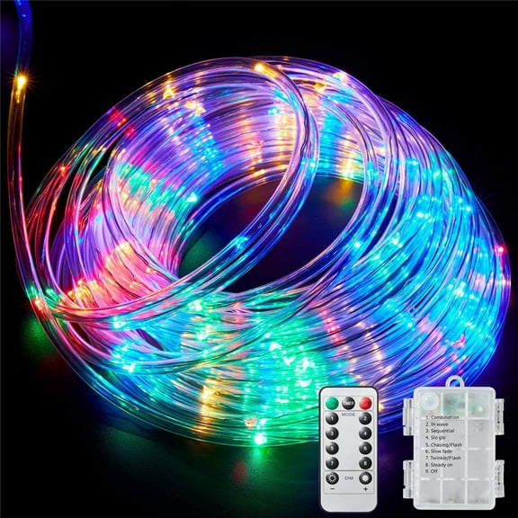 LED Rope Lights Battery Operated, 23ft 50 LEDs Outdoor/Indoor Waterproof Fairy Lights 8 Modes Dimmable/Timer with Remote Control for Christmas Camping Party Garden Holiday Decoration ,Multicolor