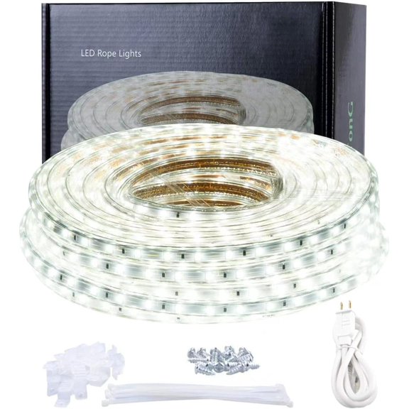 LED Rope Lights Outdoor White, 50ft Outside Bright Lighting Cuttable Connectable Flexible 110V Cool Clear Flat 3000K Indoor Deck Patio Christmas Camping Decor Not Tube Rope