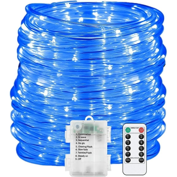 LED Rope Lights with Remote Waterproof Battery Powered Tube String Lights 8 Mode Timer LED Fairy Lights Decoration for Party Wedding Garden Christmas (Blue, 20M 200LED)