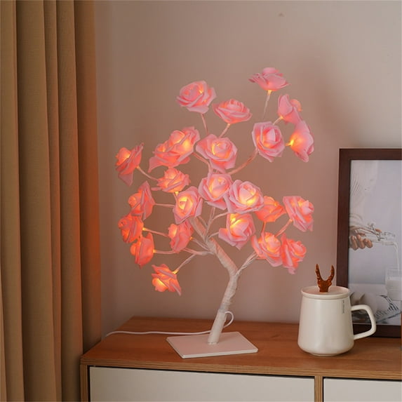 LED Rose Bonsai Night Light with USB/Battery Power, Perfect for Home Decor or as a Romantic Valentine's Day, Birthday Gift (White Base with Pink Roses)