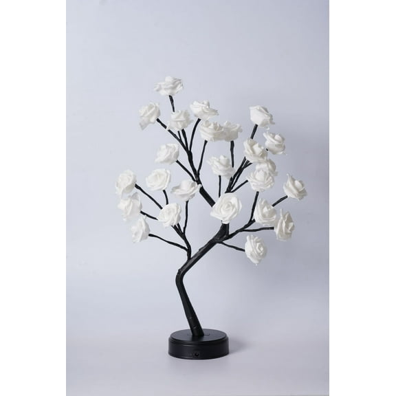 LED Rose Flower Table Tree Light - 24 Warm White LED Bonsai Desk Lamp, USB/Battery Powered Adjustable Branch Decor for Home, Office, Party