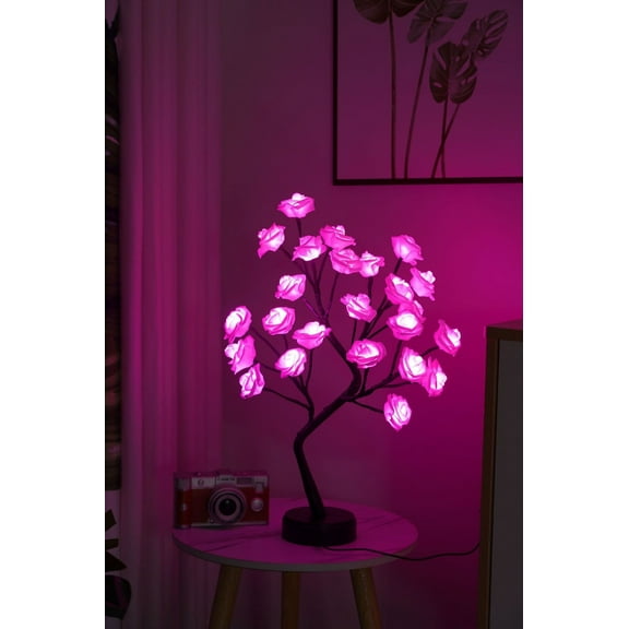 LED Rose Flower Table Tree Light - 24 Warm White LED Bonsai Desk Lamp, USB/Battery Powered Adjustable Branch Decor for Home, Office, Party