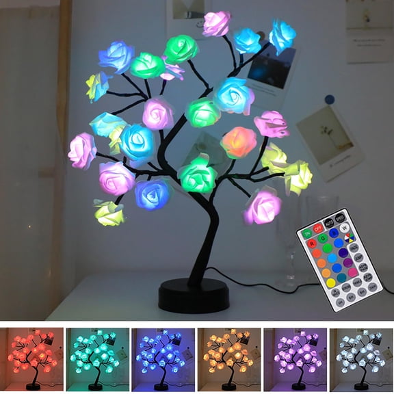 LED Rose Flower Tree Light Warm White Artificial Bonsai Lamp Decorative Table Lamp USB Battery Operated Night Light for Bedroom Living Room Wedding Party Home Decor