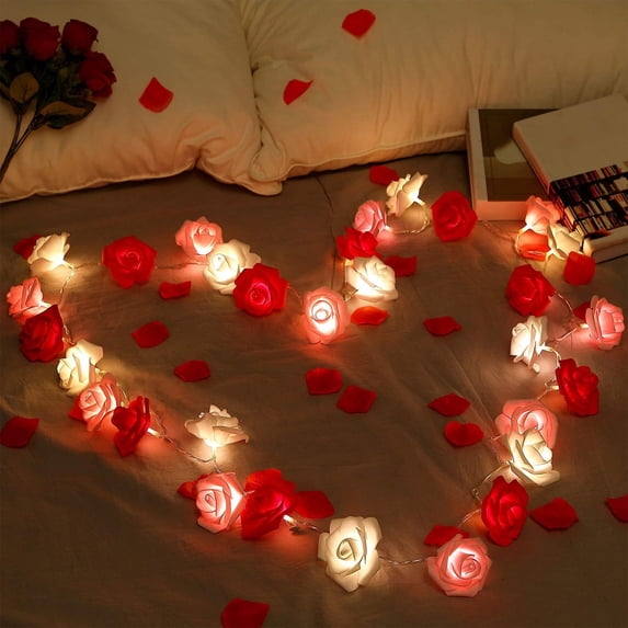 LED Rose String Lights 10 LED Flower Fairy Lights, Romantic Ambient Lighting Soft Glow Battery Operated Flexible Decor for Bedroom Wedding Party Proposal Home Decoration