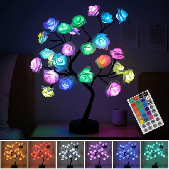 LED Rose Tree Lamp17 Colors Changing Multicolor LED Table Lamp with Remote, USB/Battery Powered Bonsai Night Light, Touch Control for Home Desk Decor, Wedding Christmas Party Centerpiece