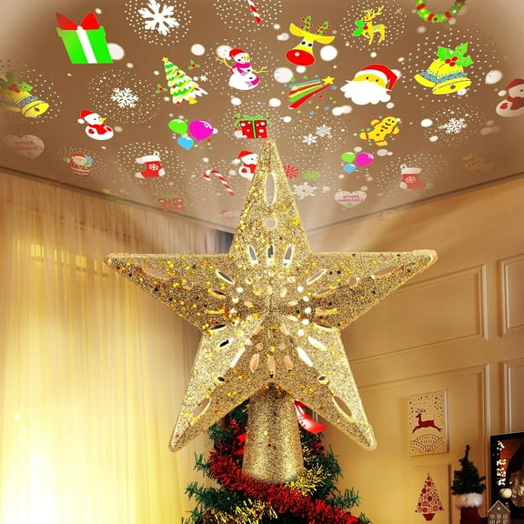 LED Rotating Snowflake Projector Christmas Tree Topper - 8.66” Silver Glitter Hollow Snowflake Light, Plug-In Xmas Tree Decor for Home Holiday Parties & New Year Nights