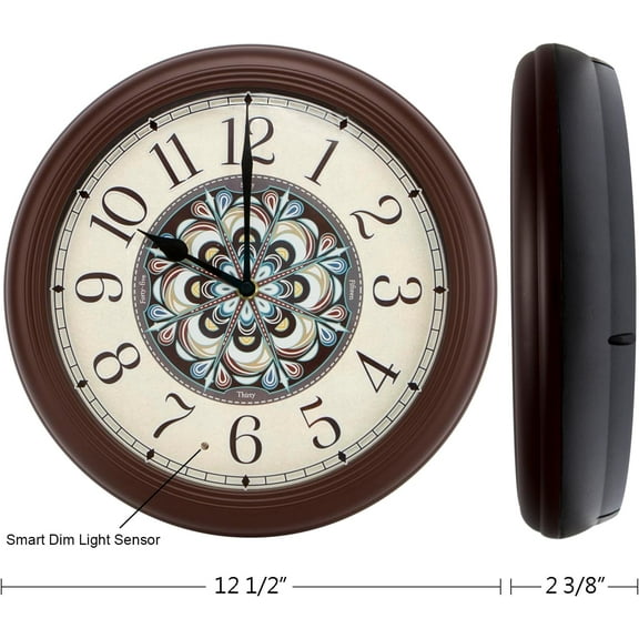 LED Round Wall Clock - 12.5" Victorian Style Dial, Battery Operated with Night- Sensor