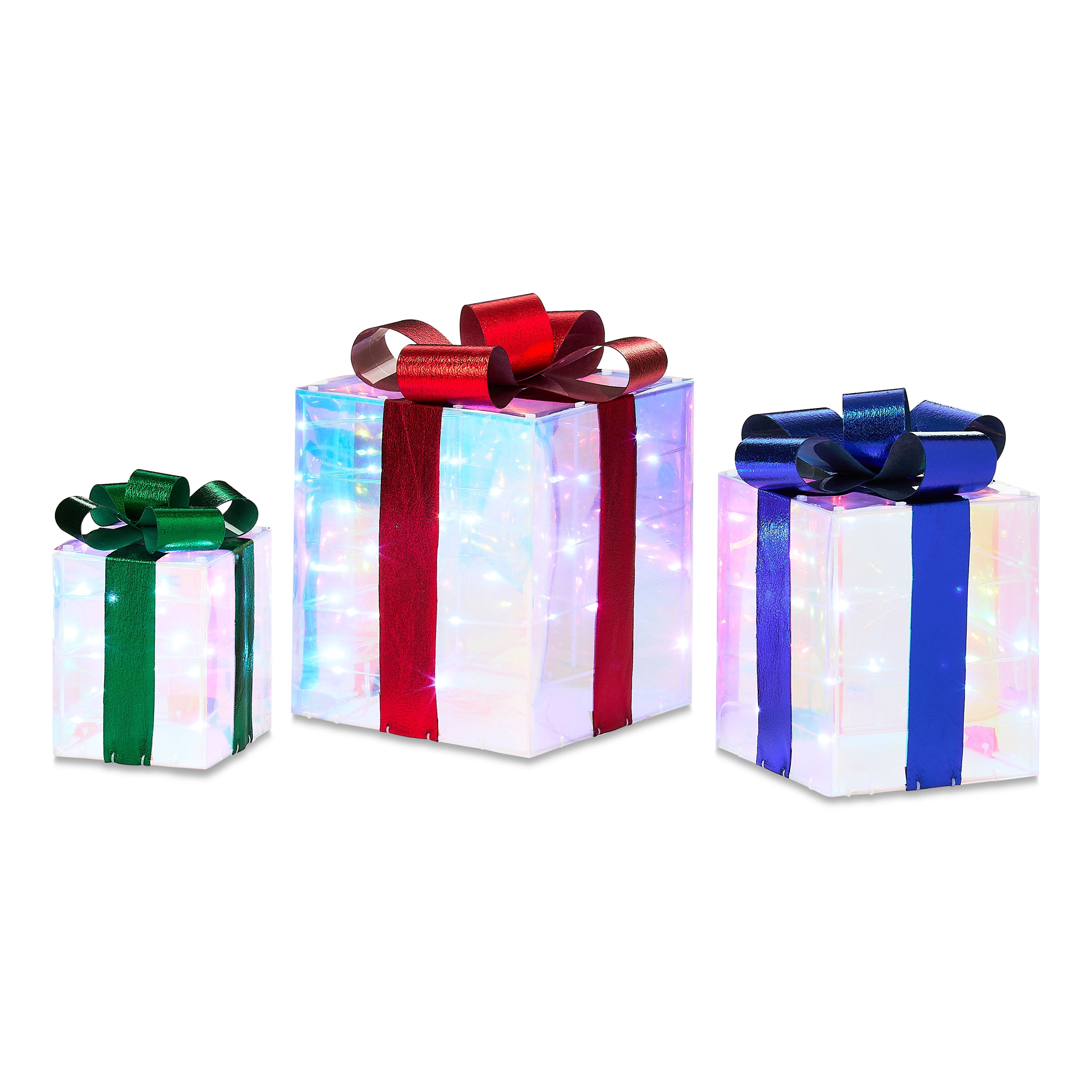 Indoor/Outdoor Light-Up Prismatic Gift Boxes Christmas Decoration with 80 LED Lights, Cool White, Set of 3, by Holiday Time