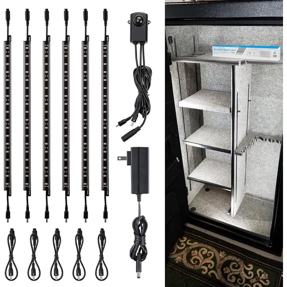 LED Safe Lighting Kit, (6) 12 Inch Linkable Light Bars + Motion Sensor UL Power Adapter, 900LM, Input 100-240V, for Under Cabinet Gun Locker Closet Showcase, 5000K Daylight