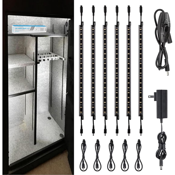 LED Safe Lighting Kit, (6) 12 Inch Linkable Light Bars + Rocker Switch UL Power Adapter, 900LM, Input 100-240V, for Under Cabinet Gun Locker Closet Showcase, 5000K Daylight