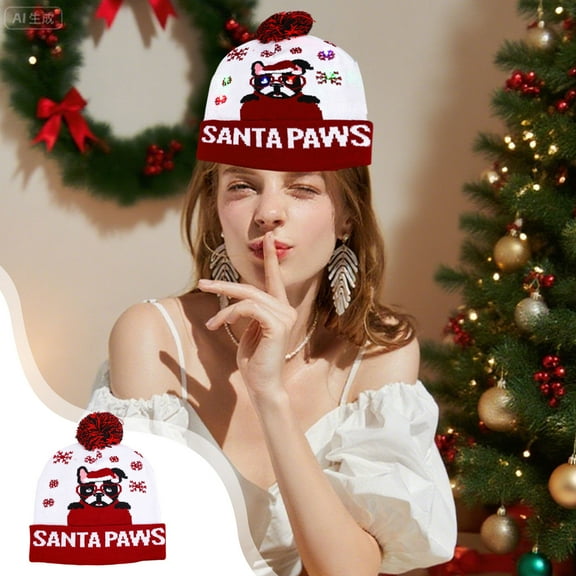 LED Santa Claus Christmas Hat with Light-Up Pom Pom - Multicolor Knitted Beanie with Ear Warmth, 3 Light Modes for Holiday Parties & Winter Festivities Multicolor