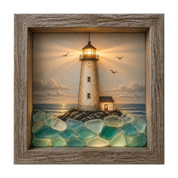 LED Sea Glass Lighthouse Shadow Box Lighted Picture Frame Night Light Decorative Art Frame for Tabletop or Wall Display