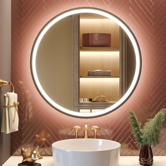 LED Sensor Mirror, Round Human Body Induction, Black Framed Vanity Mirror, Illuminated Dimmable Anti Fog IP44 Waterproof Wall Mounted Mirror (32" L x 32" W)
