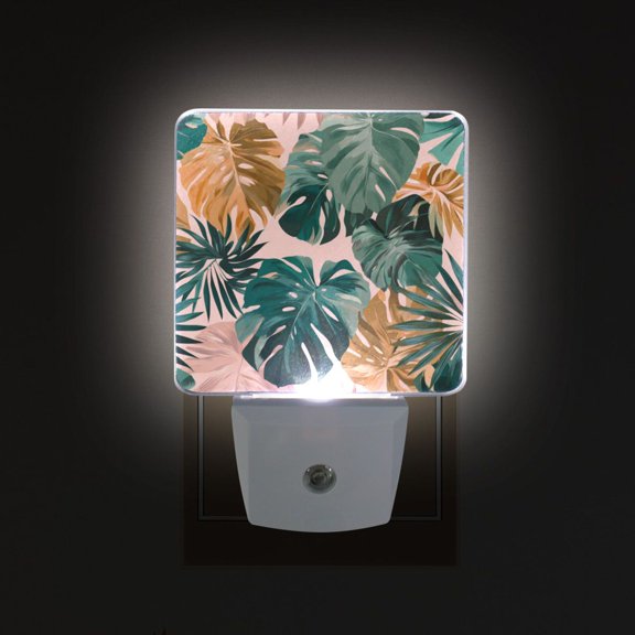 LED Sensor Night Light Auto On/Off Dusk to Dawn Lamp for Bedroom Hallway Abstract Tropical Leaves Pattern 2 Pack