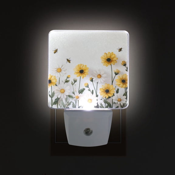 LED Sensor Night Light Auto On/Off Dusk to Dawn Lamp for Bedroom Hallway Bees Flying with Daisies 2 Pack