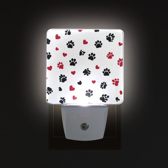 LED Sensor Night Light Auto On/Off Dusk to Dawn Lamp for Bedroom Hallway Black Paws and Hearts Pattern 2 Pack