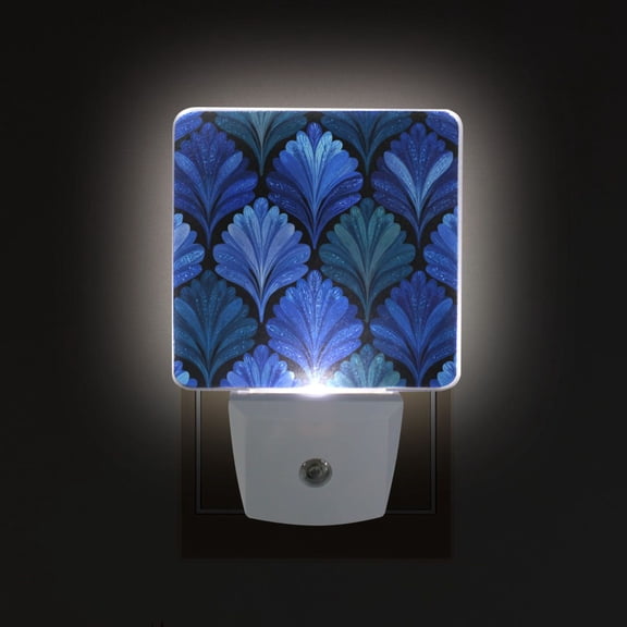 LED Sensor Night Light Auto On/Off Dusk to Dawn Lamp for Bedroom Hallway Blue Batik Leaves Pattern 2 Pack