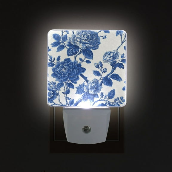 LED Sensor Night Light Auto On/Off Dusk to Dawn Lamp for Bedroom Hallway Blue Floral 2 Pack