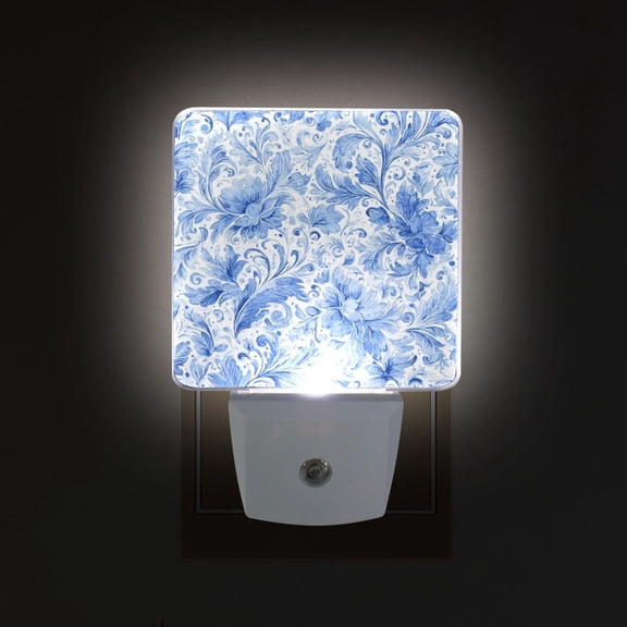 LED Sensor Night Light Auto On/Off Dusk to Dawn Lamp for Bedroom Hallway Blue Watercolor Floral Pattern 2 Pack