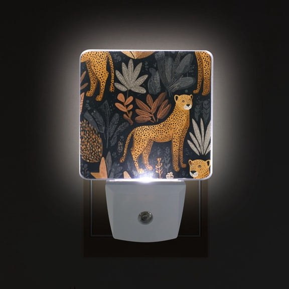 LED Sensor Night Light Auto On/Off Dusk to Dawn Lamp for Bedroom Hallway Cheetahs and Jungle Foliage Pattern 2 Pack