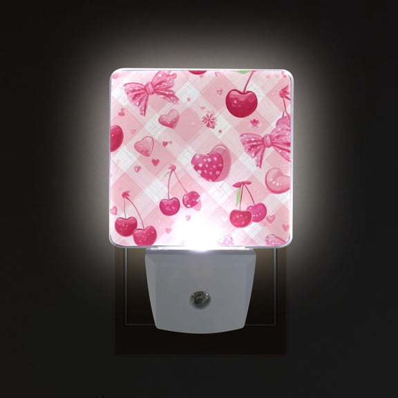 LED Sensor Night Light Auto On/Off Dusk to Dawn Lamp for Bedroom Hallway Cherry and Pink Bow Pattern 2 Pack