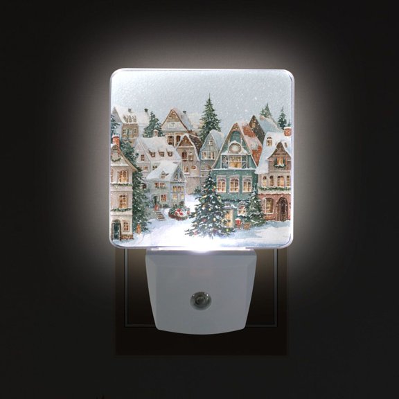 LED Sensor Night Light Auto On/Off Dusk to Dawn Lamp for Bedroom Hallway Cozy Winter Town with Snow 2 Pack