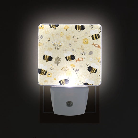 LED Sensor Night Light Auto On/Off Dusk to Dawn Lamp for Bedroom Hallway Cute Bees and Honeycomb Pattern 2 Pack