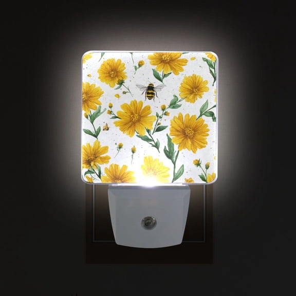 LED Sensor Night Light Auto On/Off Dusk to Dawn Lamp for Bedroom Hallway Daisies and Bees Pattern 2 Pack