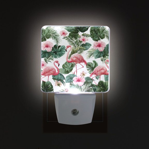 LED Sensor Night Light Auto On/Off Dusk to Dawn Lamp for Bedroom Hallway Flamingo and Tropical Leaves 2 Pack