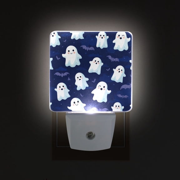 LED Sensor Night Light Auto On/Off Dusk to Dawn Lamp for Bedroom Hallway Ghost on Dark Blue Background 2 Pack