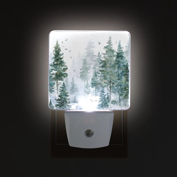 LED Sensor Night Light Auto On/Off Dusk to Dawn Lamp for Bedroom Hallway Green Snowy Forest Scene 2 Pack