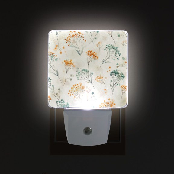 LED Sensor Night Light Auto On/Off Dusk to Dawn Lamp for Bedroom Hallway Green and Orange Small Flowers 2 Pack