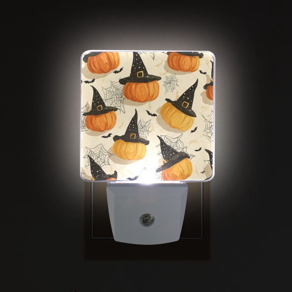 LED Sensor Night Light Auto On/Off Dusk to Dawn Lamp for Bedroom Hallway Halloween Pumpkins and Spider Webs 2 Pack