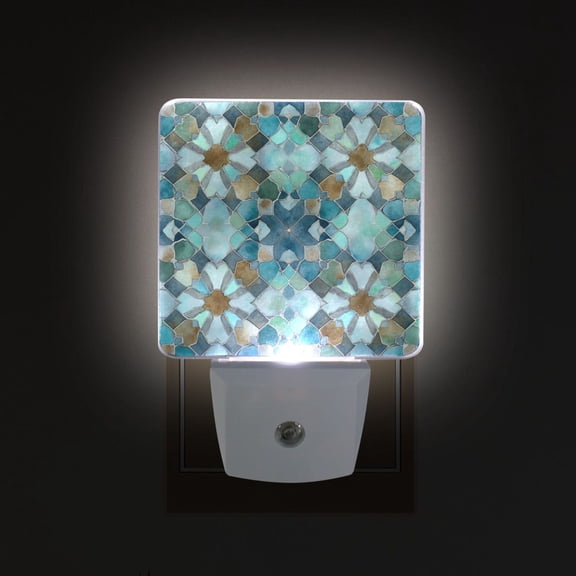 LED Sensor Night Light Auto On/Off Dusk to Dawn Lamp for Bedroom Hallway Intricate Blue Block Pattern 2 Pack