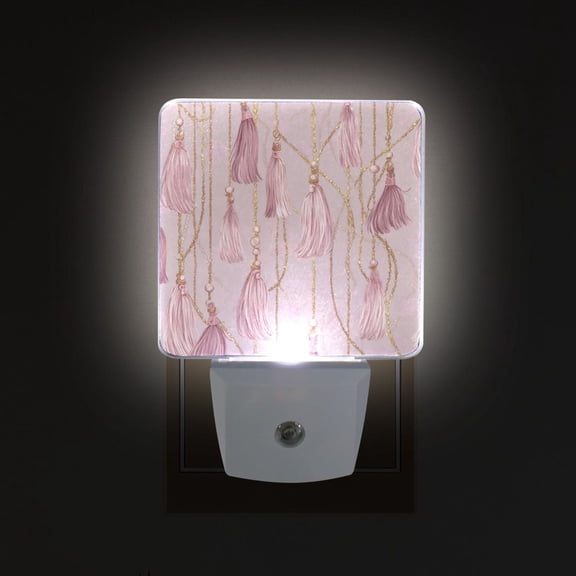 LED Sensor Night Light Auto On/Off Dusk to Dawn Lamp for Bedroom Hallway Light Pink Tassels 2 Pack