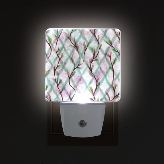 LED Sensor Night Light Auto On/Off Dusk to Dawn Lamp for Bedroom Hallway Mint Green Vines 2 Pack