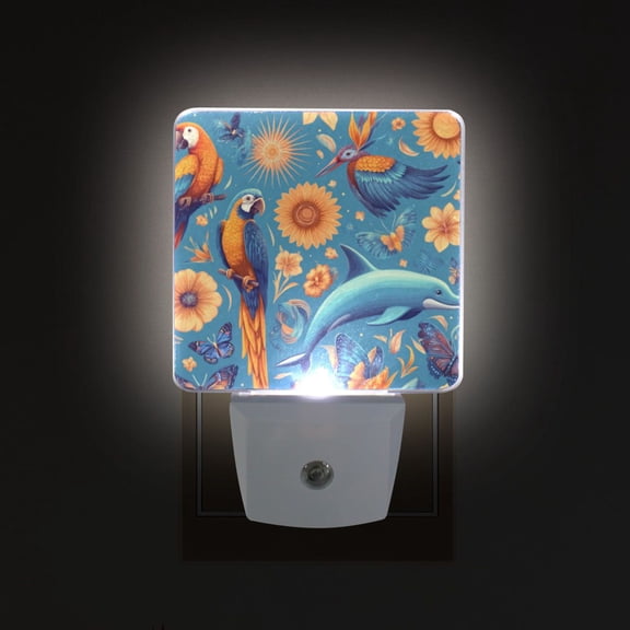 LED Sensor Night Light Auto On/Off Dusk to Dawn Lamp for Bedroom Hallway Parrots and Butterflies Pattern 2 Pack
