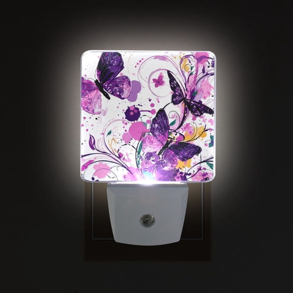 LED Sensor Night Light Auto On/Off Dusk to Dawn Lamp for Bedroom Hallway Purple Butterfly 2 Pack