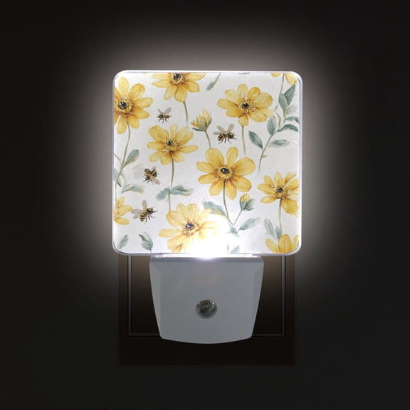 LED Sensor Night Light Auto On/Off Dusk to Dawn Lamp for Bedroom Hallway Yellow Daisies and Bees 2 Pack