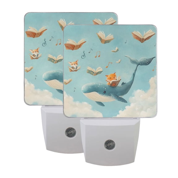 LED Sensor Night Light Dusk to Dawn Auto ON & Off, Plug-in Fox and Whale Carrying Books
