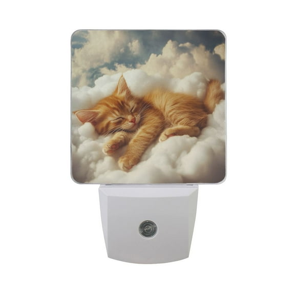 LED Sensor Night Light Dusk to Dawn Auto ON & Off, Plug-in Orange Cat Sleeping on Clouds